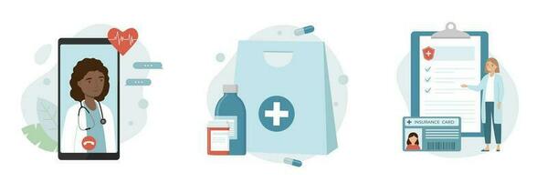 Medical services set. Health insurance, pharmacy, online doctor. Medicine and healthcare concept. vector