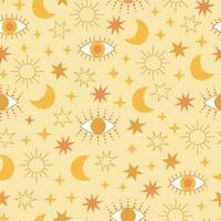 Evil eye celestial seamless pattern with stars, moon and sun. Pastel colors universe surface design vector