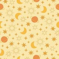 Boho celestial seamless pattern with stars, planet, moon and sun. Pastel colors universe surface design vector