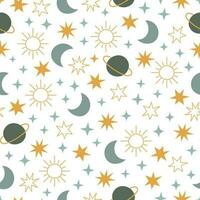 Boho celestial seamless pattern with stars, planet, moon and sun. Pastel colors universe surface design vector