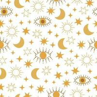 Evil eye celestial seamless pattern with stars, moon and sun. Yellow and brown colors universe surface design vector