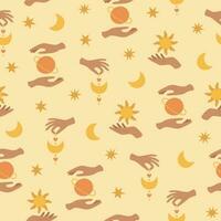 Boho celestial seamless pattern with hands, stars, planet, moon and sun. Pastel colors universe surface design vector