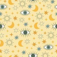 Evil eye celestial seamless pattern with stars, moon and sun. Yellow and blue colors universe surface design vector