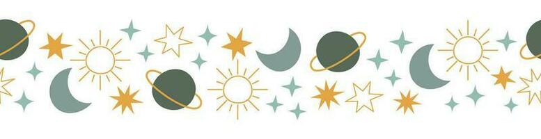 Boho celestial seamless border with stars, planet, moon and sun. Blue and yellow colors universe design vector