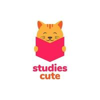 animal pets kitten cat reading book study mascot cartoon logo design vector