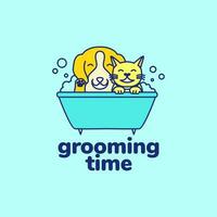 animal pets cat dog bathtub grooming clean mascot colorful logo design vector