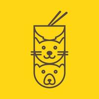 animal gato y oso fideos comida cuenco líneas mínimo mascota logo vector icono ilustración