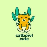 cat kitten playing bowl noodle leaves colorful modern logo vector icon illustration