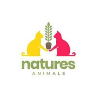 gato mascotas cuidado planta flores naturaleza mascota vistoso logo vector icono ilustración