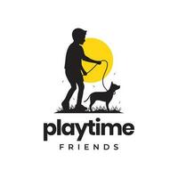 joven chico hijo jugando perro amigo puesta de sol parque felicidad mascota logo vector icono ilustración