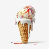 melted ice cream with cone isolated on white background. generative AI photo