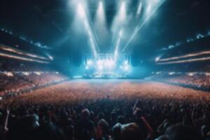 blurred crowd audience watching and listening live show on stage in concert hall. group of people together in stadium with fantastic lighting effect background. photo