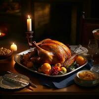 roasted turkey on tray with warm tone lighting for tasty. generative AI photo