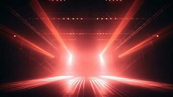 blank live show stage arena with fantastic dazzling red laser lighting. performance show studio background. generative AI photo