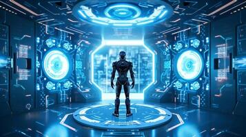 robot standing at the center of futuristic HI tech room background. robotic machine learning concept. photo