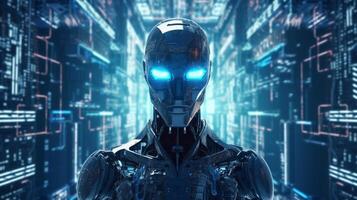 futuristic robot with blue light glowing glasses and Hi tech motion blurred background. robotic machine learning concept. photo