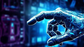 finger of futuristic robot pointing with digital Hi tech background. AI technology and smart machine learning concept. photo