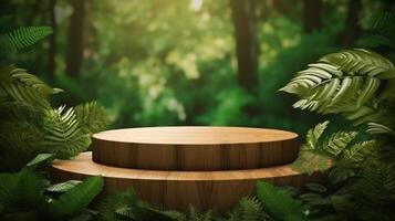blank wooden podium with green forest background for organic cosmetics and natural product advertisement. photo