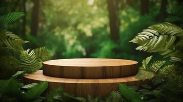 blank wooden podium with green forest background for organic cosmetics and natural product advertisement. generative AI photo