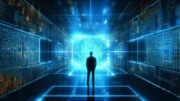 robotic person standing at the center of futuristic HI tech room background. AI and machine learning concept. photo