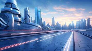 futuristic city with empty road for Hi tech technology and modern area background. generative AI photo