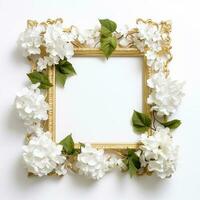 hydrangea floral square frame on white background photo