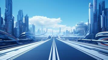 futuristic city with empty road for Hi tech technology and modern area background. generative AI photo