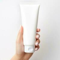 mujer mano con blanco blanco cosmético tubo en blanco antecedentes. producto anuncio concepto. generativo ai foto