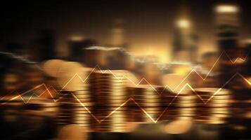 blurred stack of gold coin on city background with line graph for financial and economy backdrop concept. photo