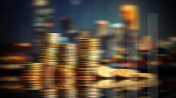 blurred stack of gold coin on city background with line graph for financial and economy backdrop concept. photo
