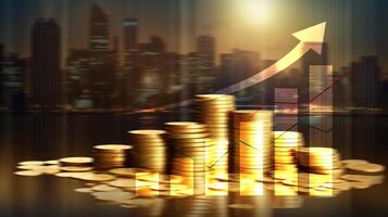 blurred stack of gold coin on city background with line graph for financial and economy backdrop concept. photo