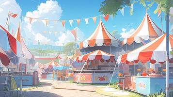theme park cartoon scene background. white and red souvenir tent shop with colorful bunting flag on sunny day. photo