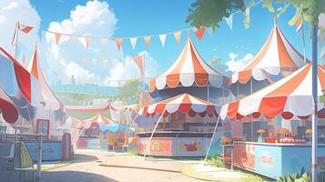 theme park cartoon scene background. white and red souvenir tent shop with colorful bunting flag on sunny day. generative AI photo