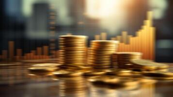 blurred stack of golden coin on city background with line graph for financial and economy backdrop concept. photo