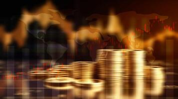 blurred stack of golden coin on city background with line graph for financial and economy backdrop concept. photo