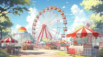 theme park cartoon scene background. Ferris wheel with souvenir shop on sunny day. generative AI photo