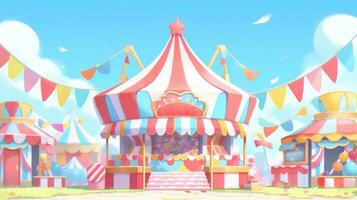 theme park cartoon scene. red and white pavilion with colorful bunting flag on sunny day. generative AI photo