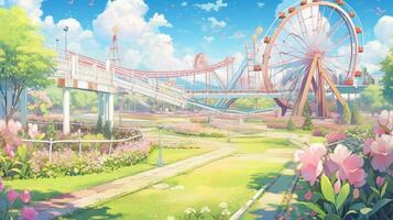 theme park cartoon scene background. roller coaster and Ferris wheel in green park and colorful flower on sunny day. generative AI photo