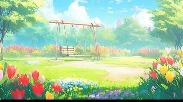theme park cartoon scene background. swing with flower garden background on sunny day. generative AI photo
