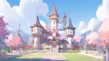 theme park cartoon scene background. fairy tale background on sunny day. generative AI photo