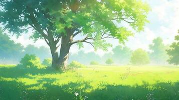landscape countryside cartoon scene background. green meadow with tree on sunny day. generative AI photo