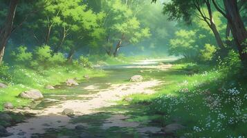 landscape countryside cartoon scene background. stream leading to inside deep forest on sunny day. generative AI photo