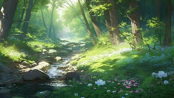 landscape countryside cartoon scene background. stream leading to inside deep forest on sunny day. generative AI photo