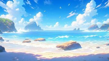 paisaje campo dibujos animados escena antecedentes. hermosa playa con mar ola y azul cielo en soleado día. generativo ai foto