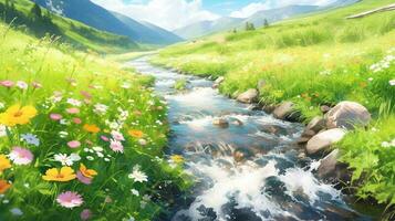 landscape countryside cartoon scene background. stream on green filled with flowers surrounds it on sunny day.  generative AI photo