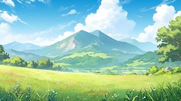 landscape countryside cartoon scene background. green field with dirt path and mountain background. generative AI photo