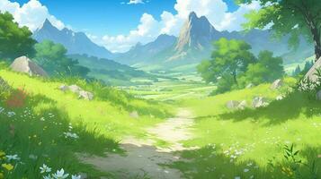landscape countryside cartoon scene background. green field with dirt path and mountain background. generative AI photo