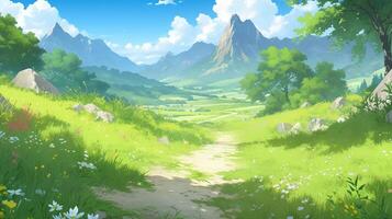landscape countryside cartoon scene background. green field with dirt path and mountain background. photo