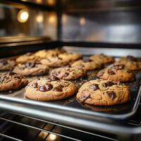 chocolate cookies on tray closed up and selective focus. generative AI photo