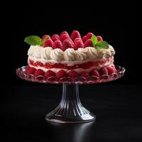 raspberry cheesecake on glass cake stand. generative AI photo